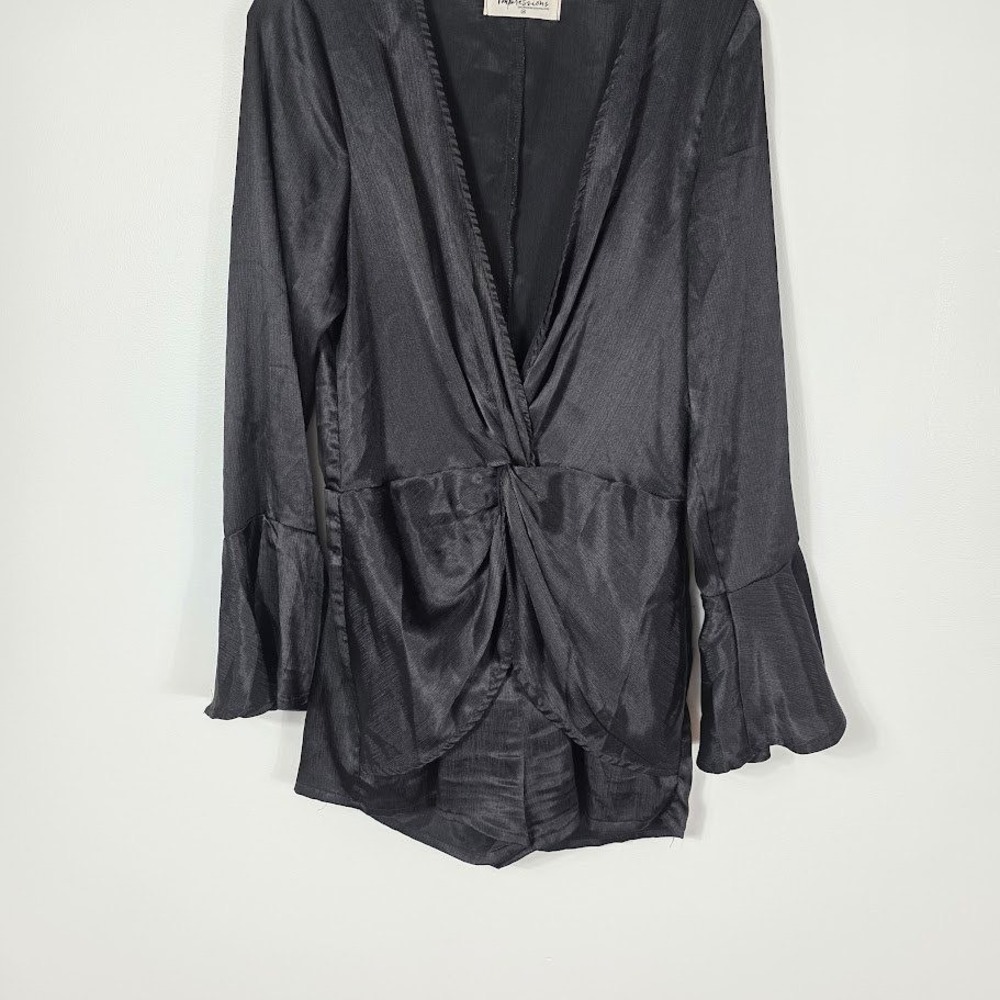 Impressions Romper Sz M Black Satin Bell Sleeve V Neck Hot Pants